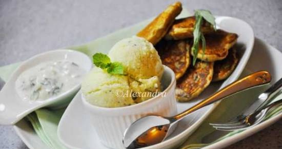 Col·lecció verda: gelat Kiwi Duet: cogombre amb llima, estragó i menta; Creps de carbassó amb ceba verda