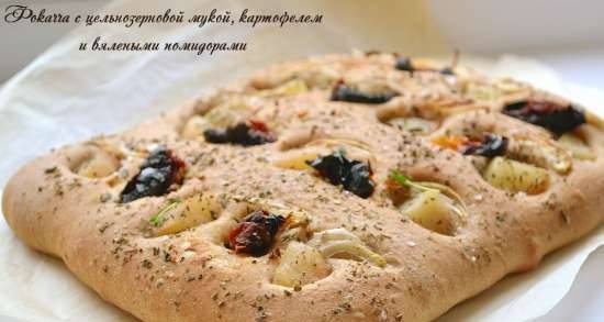 Focaccia ar pilngraudu miltiem, kartupeļiem un saulē kaltētiem tomātiem