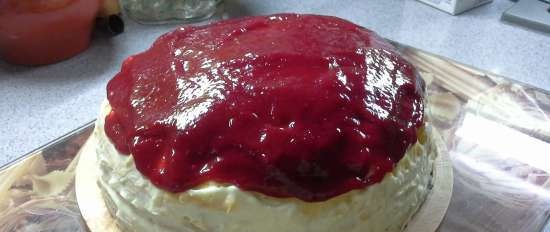 Pancake cake with custard, mascarpone and berry sauce