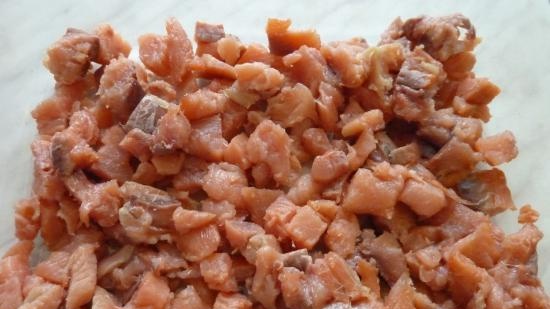 Festive salad with salted pink salmon