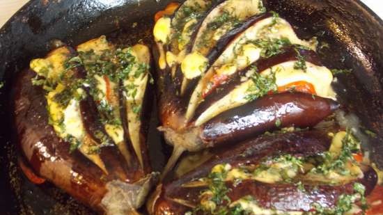 Eggplant baked in the oven with cheese and tomatoes in a different manner