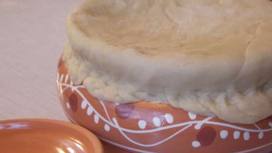 Lean cabbage soup with cabbage, beans, mushrooms and prunes under a bread lid