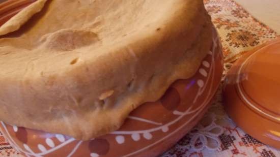 Lean cabbage soup with cabbage, beans, mushrooms and prunes under a bread lid