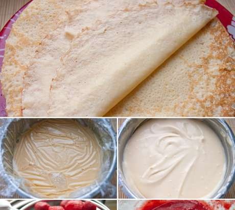 Pancake cake with custard, mascarpone and berry sauce