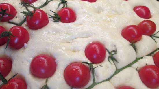 Focaccia with pesto sauce and cherry tomatoes