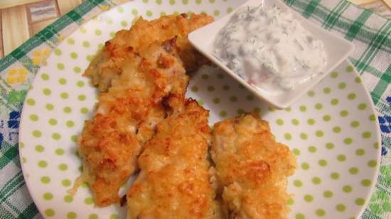 Chicken in cheese and chips breading