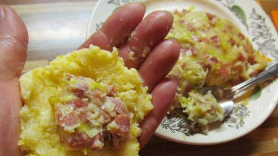 Polenta Croquette fylt med purre og skinke