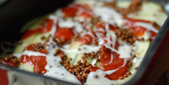 Zucchini lasagna with lentils and tarragon