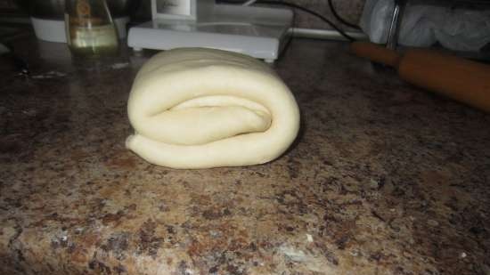 Whey dough with soda (a la yeast). Roll with whey filling